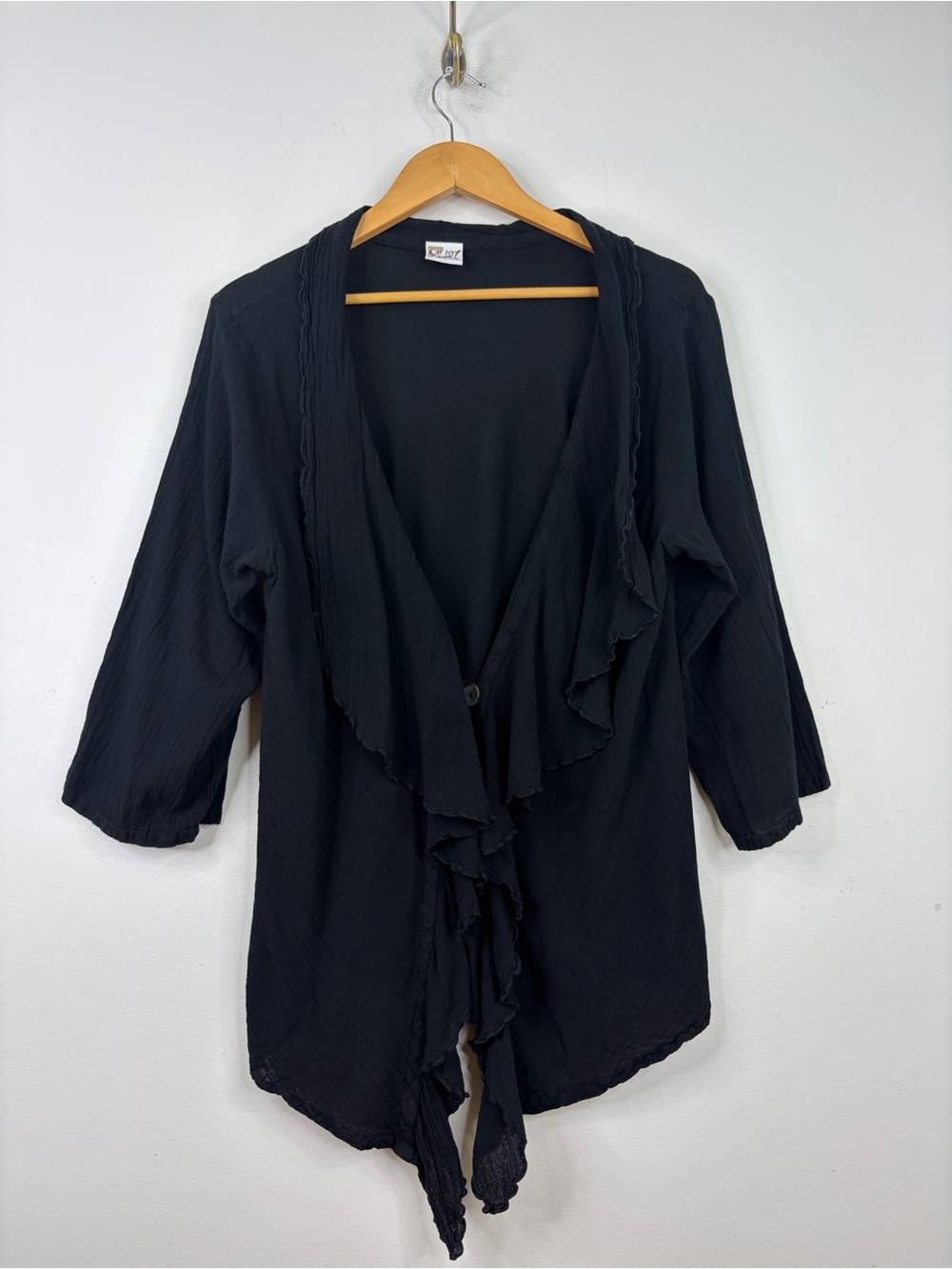 Oh My Gauze Jacket Womens Large Black Cotton Long Sleeve Blouse Ruffle Collar